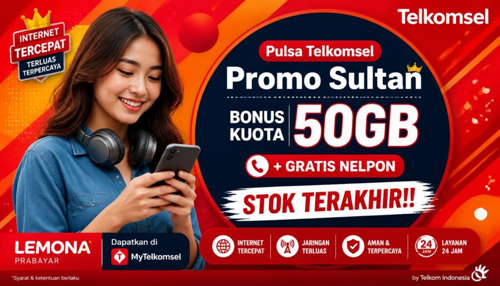 Pulsa Telkomsel Promo Sultan Bonus Kuota 50GB + Gratis Nelpon Stok Terakhir!