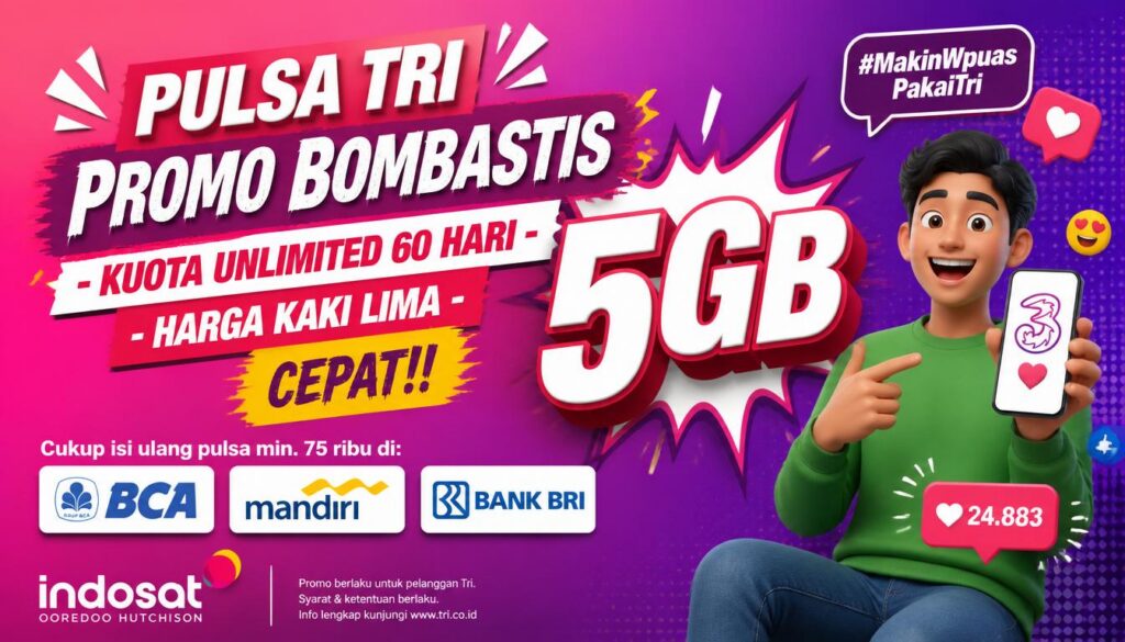 Pulsa Tri Promo Bombastis Kuota Unlimited 60 Hari Harga Kaki Lima Cepat!